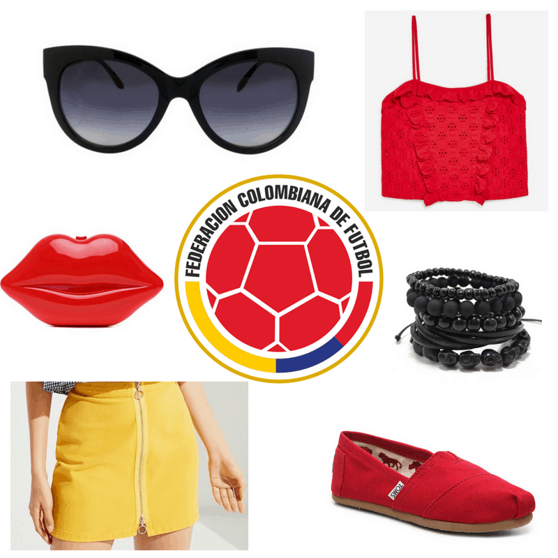 Yellow skirt, red top, clutch and shoes, black sunglasses and bracelet.