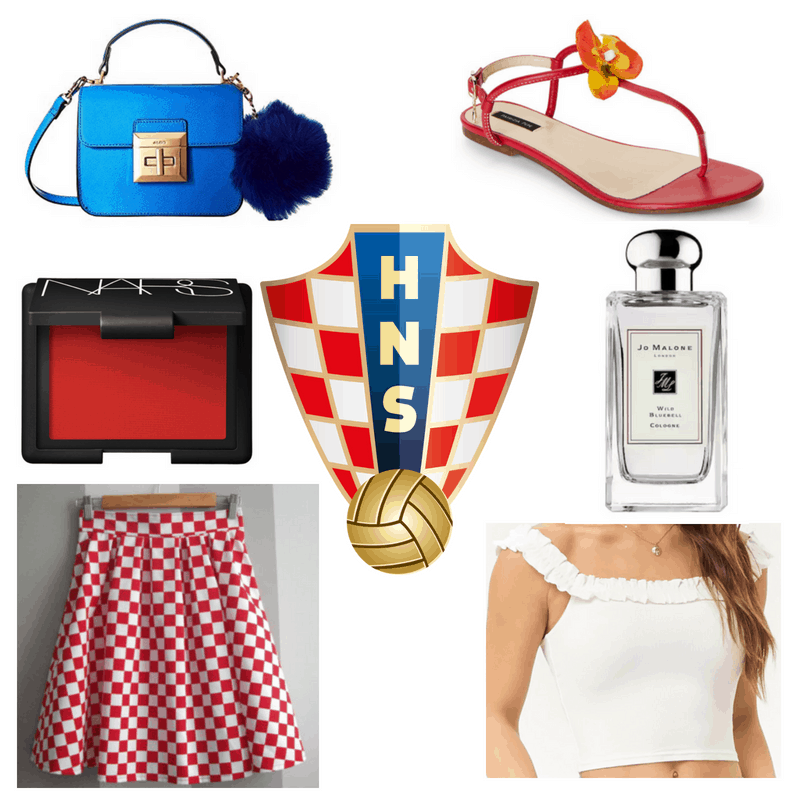 Red and white skirt, red blush and sandals, white top and perfume, blue bag.