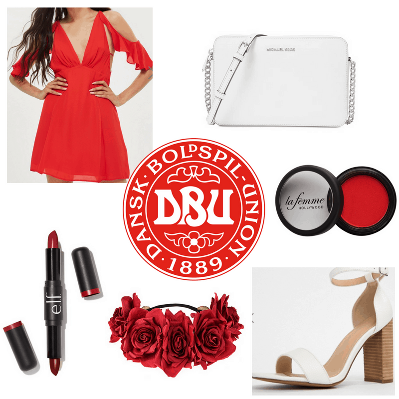 Red dress, eyeshadow, lipstick and headband, white bag and heels.