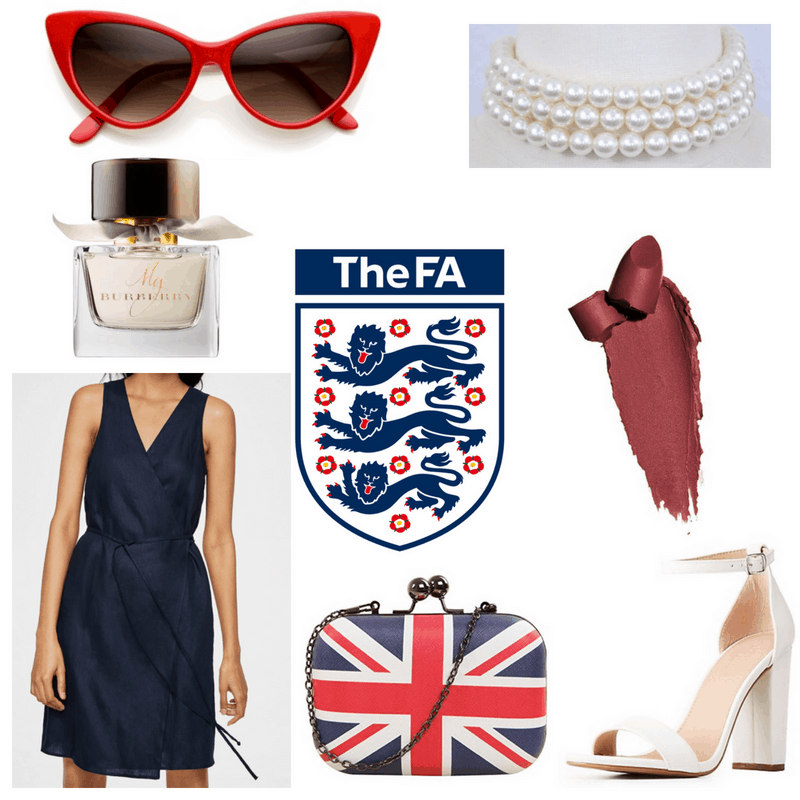 Red sunglasses and lipstick, blue dress, white heels, pearls and perfume and British flag clutch.