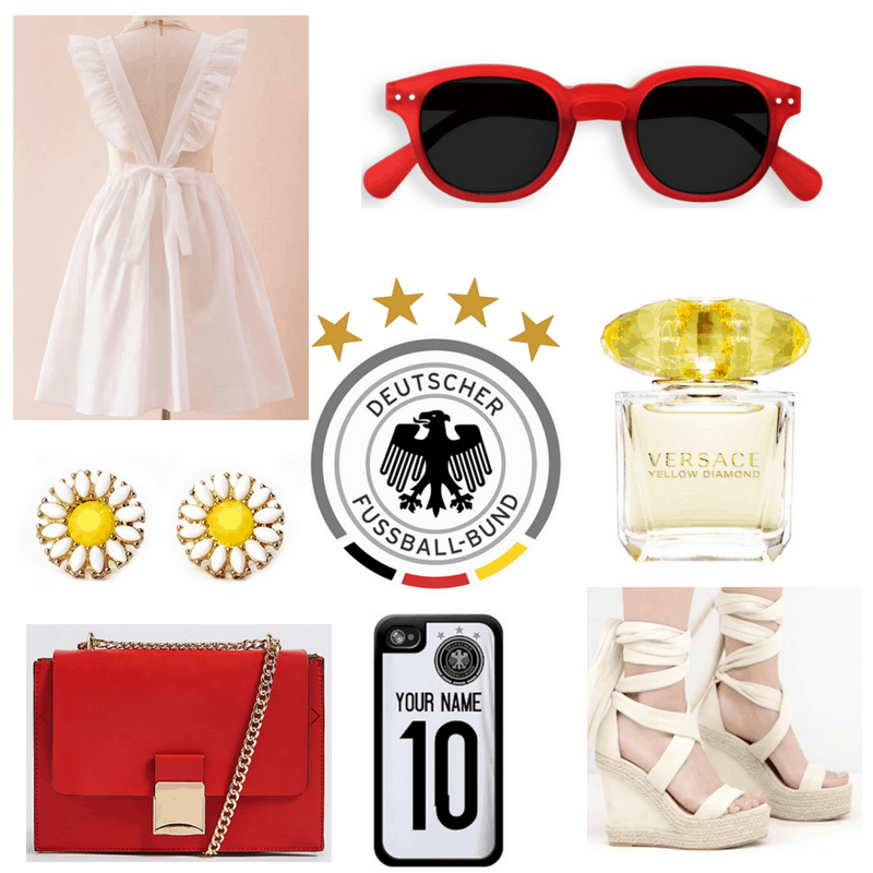 White dress, phone case and espadrilles, yellow perfume and earrings, red bag and sunglasses.