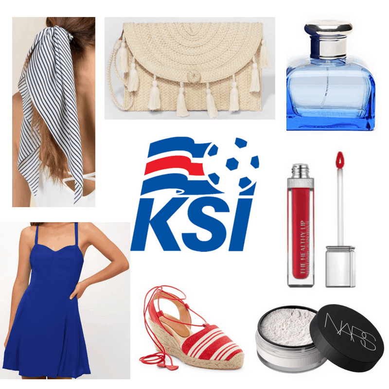 Blue dress, hair ribbon and perfume, red espadrilles and lipgloss, straw clutch and white powder.