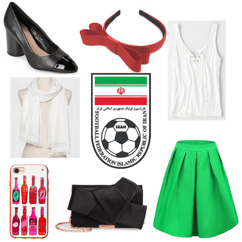 Green skirt, white top and scarf, black clutch and heels, red phone case and headband.