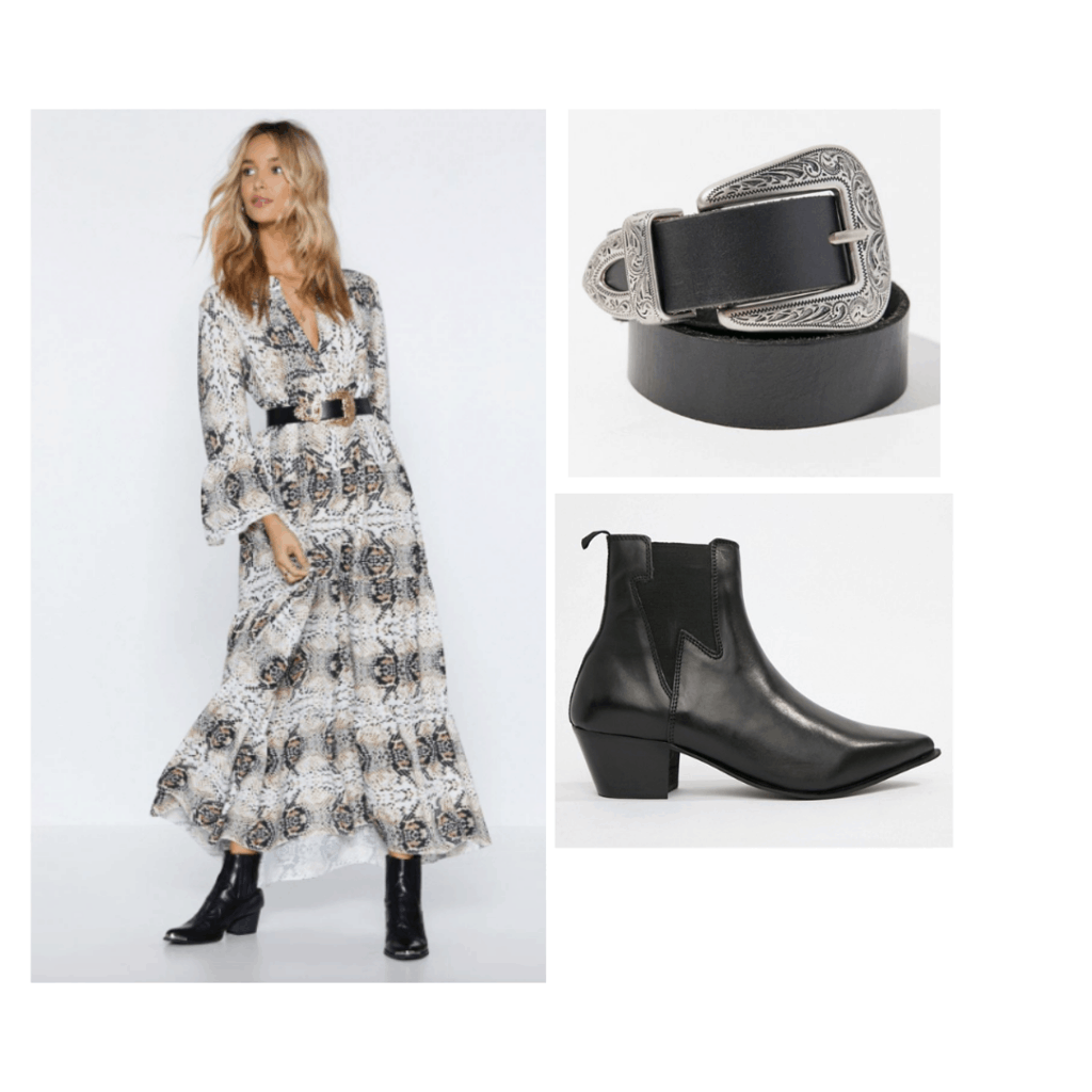 Snakeskin print dress outfit with western belt and low heel black ankle booties