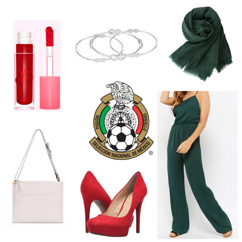 Green jumpsuit and scarf, red heels and lipgloss, white bag, silver bracelet.