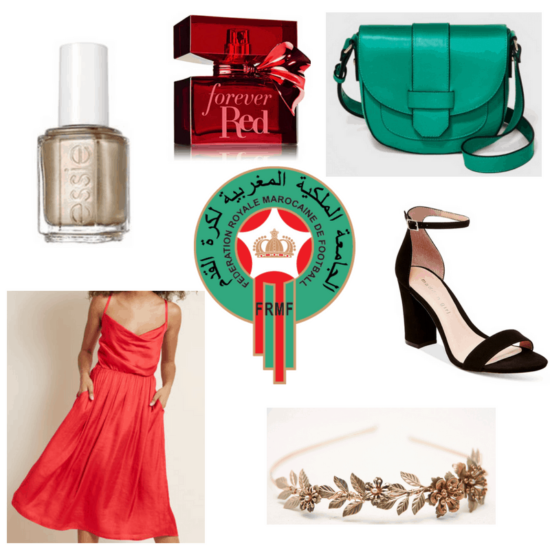 Red dress and perfume, green bag, black heels, gold nail polish and headband.