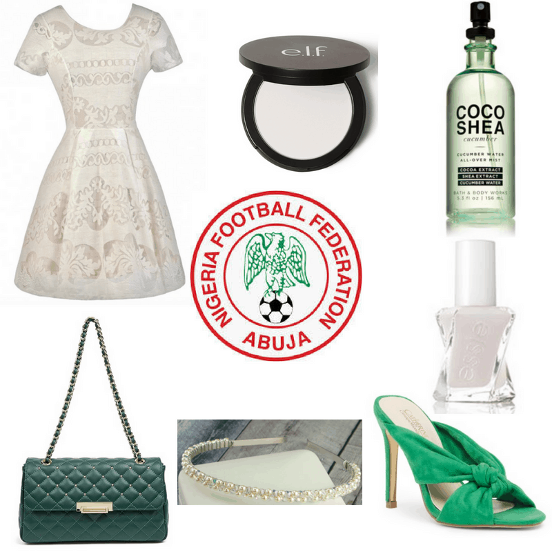 White dress, headband, nail polish and setting powder, green heels, bag and perfume.