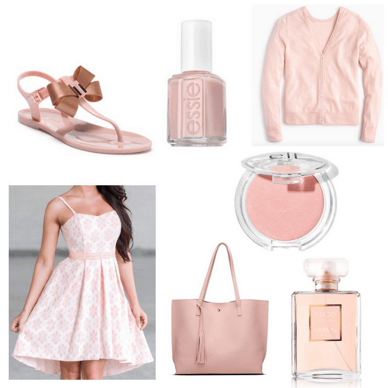 Pink dress, cardigan, sandals, blush, nail polish, bag and perfume.