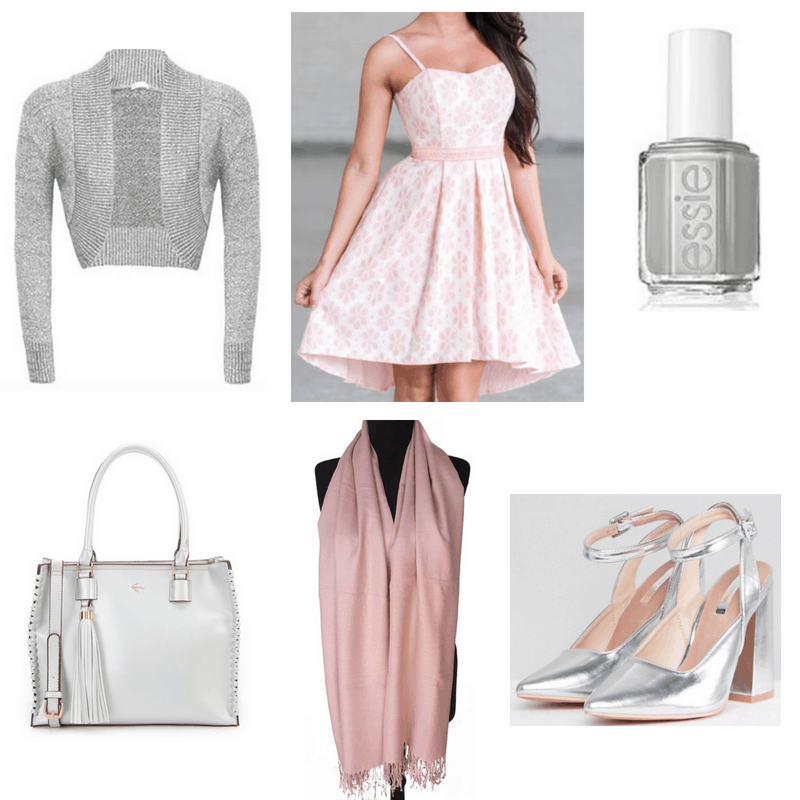 Pink dress and shawl, silver nail polish, heels, bag and cardigan.