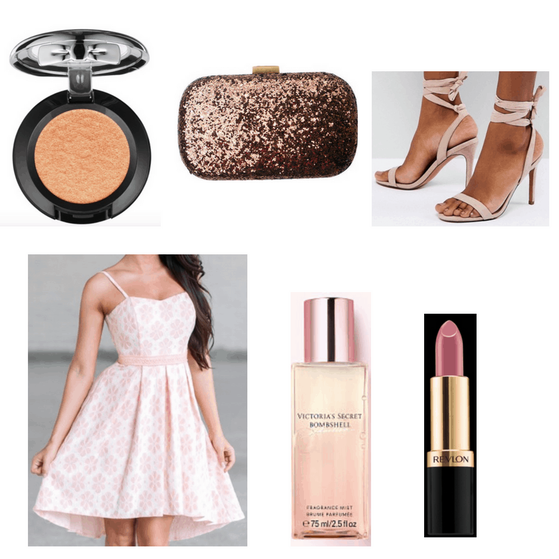 Pink dress, perfume, heels and lipstick, gold eyeshadow and clutch.