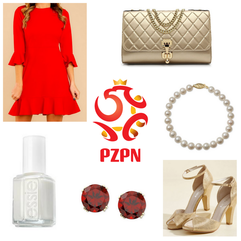 Red dress and earrings, white nail polish and bracelet, gold bag and heels.