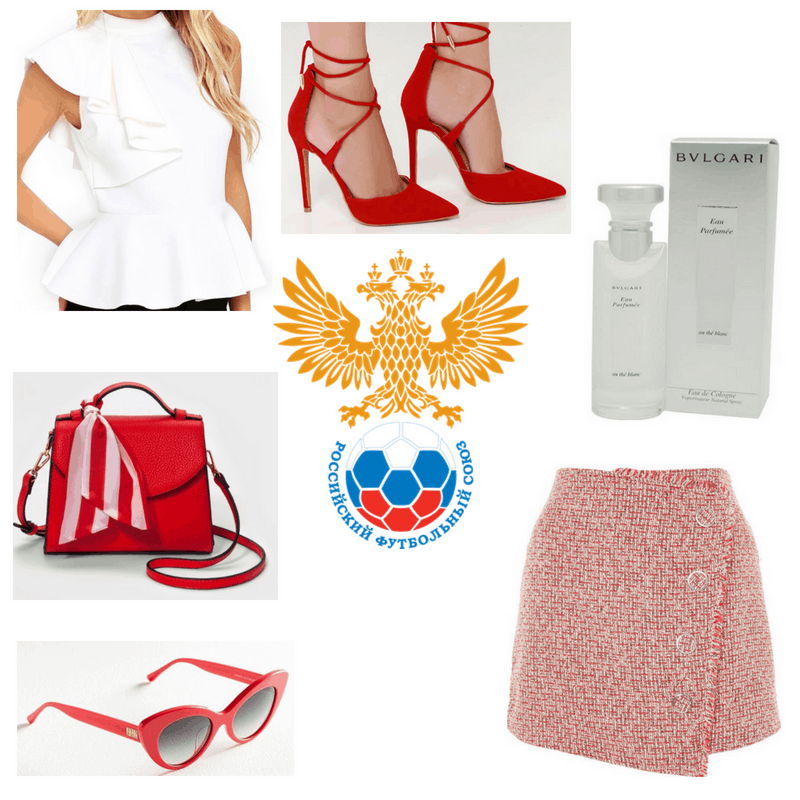 Red skirt, heels bag and sunglasses, white perfume and top.