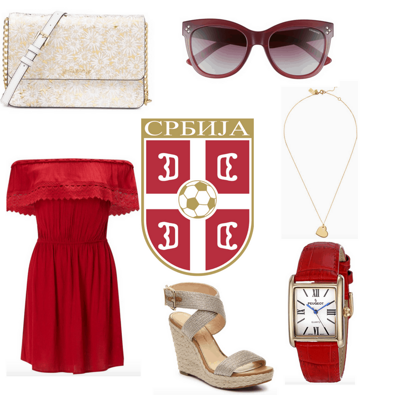 Red dress, watch and sunglasses, gold bag, necklace and heels.