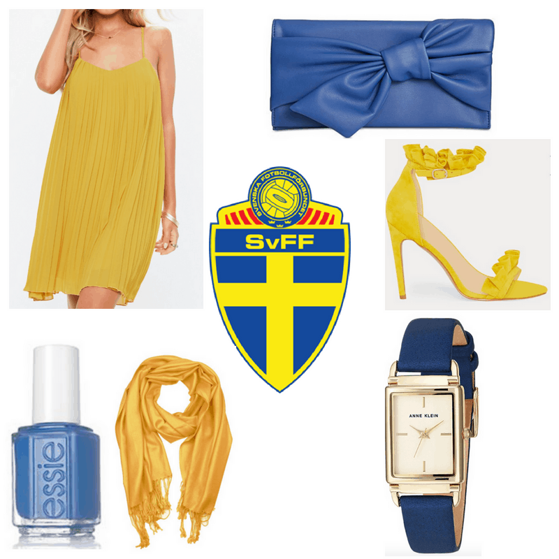 Yellow dress, shawl and heels. Blue clutch, watch and nail polish.