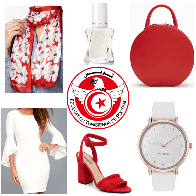 Red scarf, bag and heels, white watch, dress and nail polish.