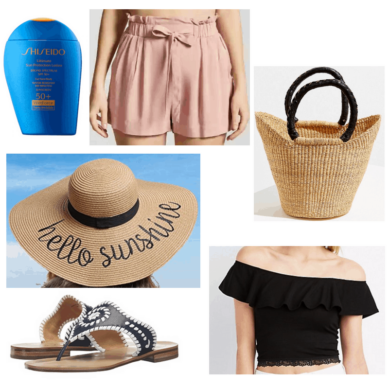 Straw bag and hat, black top, mauve shorts, foundation and sandals.