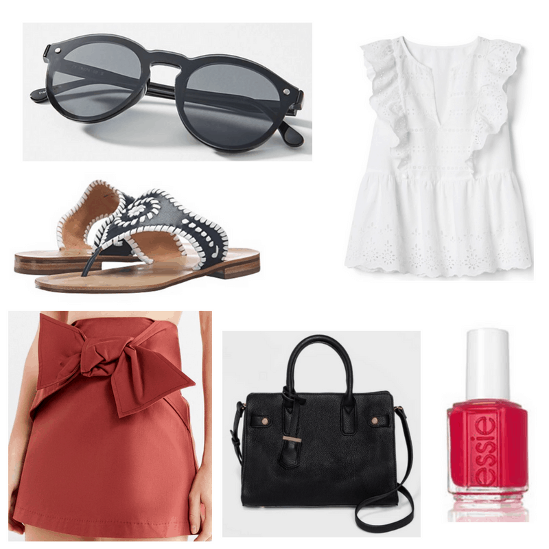 Red skirt and nail polish, white top, black handbag, sunglasses and sandals.