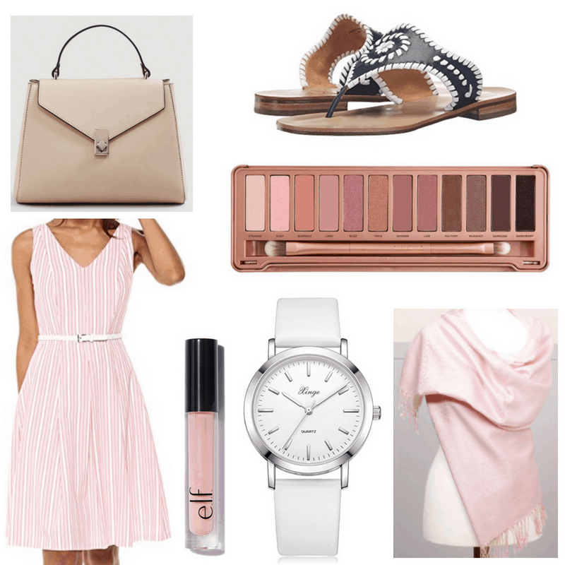 Pink dress, shawl, lipgloss and eyeshadow palette, nude bag, black sandals and white watch.