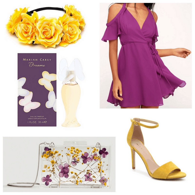 Purple dress, yellow heels and headband and floral clutch and perfume.