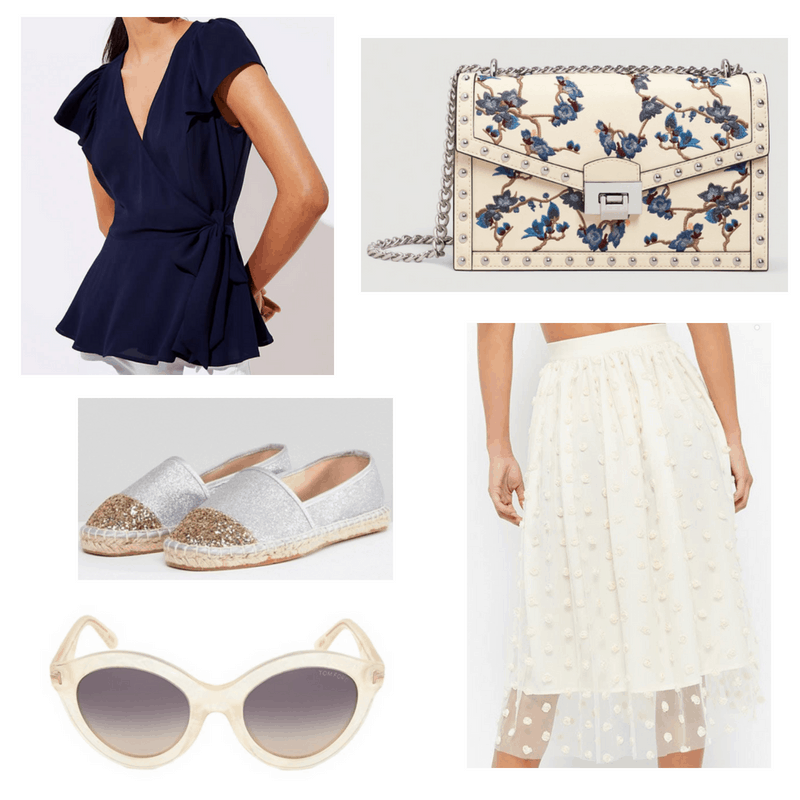 Ivory skirt and sunglasses, navy blouse, silver espadrilles and ivory and floral bag.