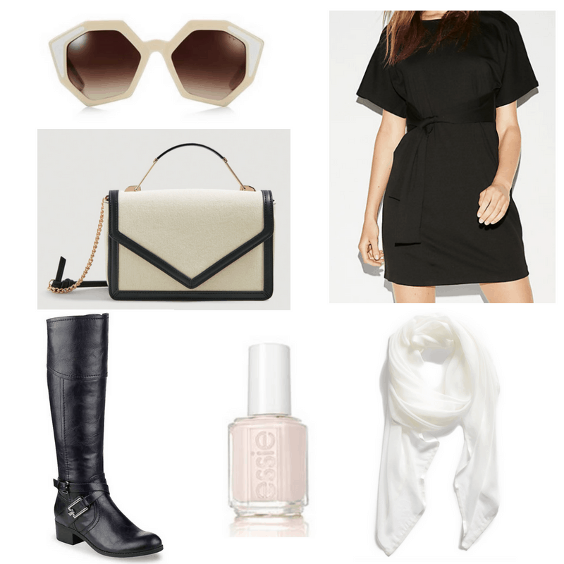 Black and white bag, black dress and boots, white sunglasses, nail polish and scarf.