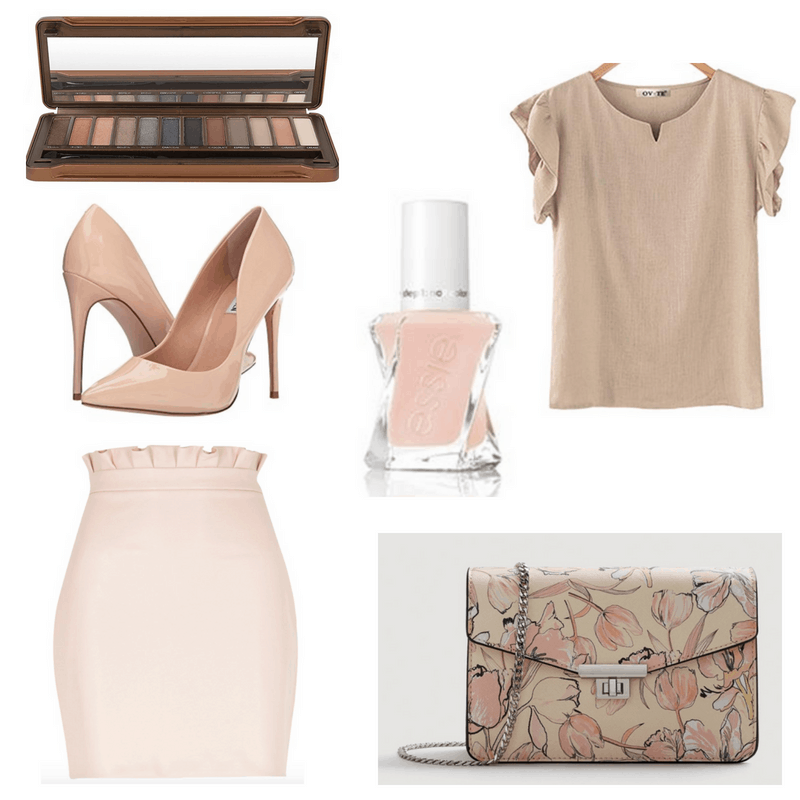 Pink and beige skirt, top, bag, nail polish, heels and eyeshadow palette.