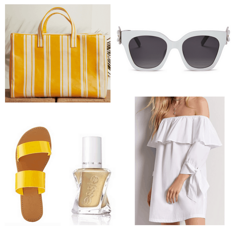 Yellow bag, sandals and nail polish, white dress and sunglasses.