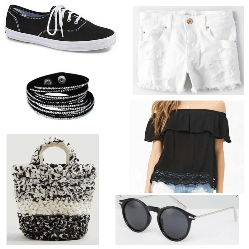 White shorts, black and white bag and sneakers, black top sunglasses and bracelet.