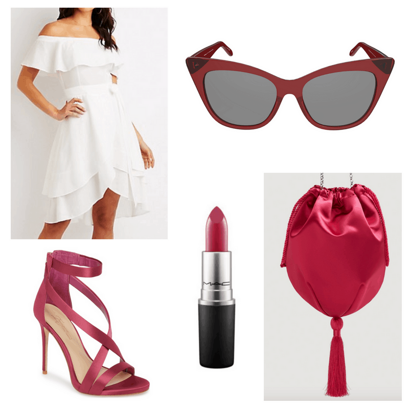 White dress, pink bag, heels, lipstick and sunglasses.