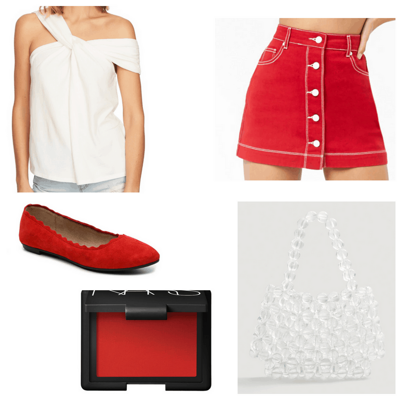 White top, transparent bag, red skirt, flats and blush.