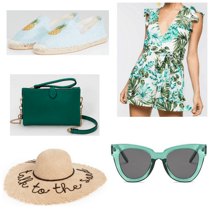 Green and blue romper, sunglasses, bag, espadrilles and straw hat.