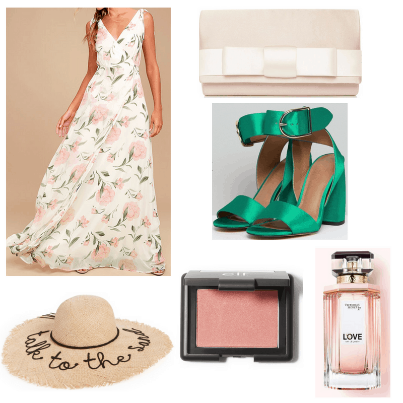 Maxi dress, straw hat, green heels, pink clutch, blush and perfume