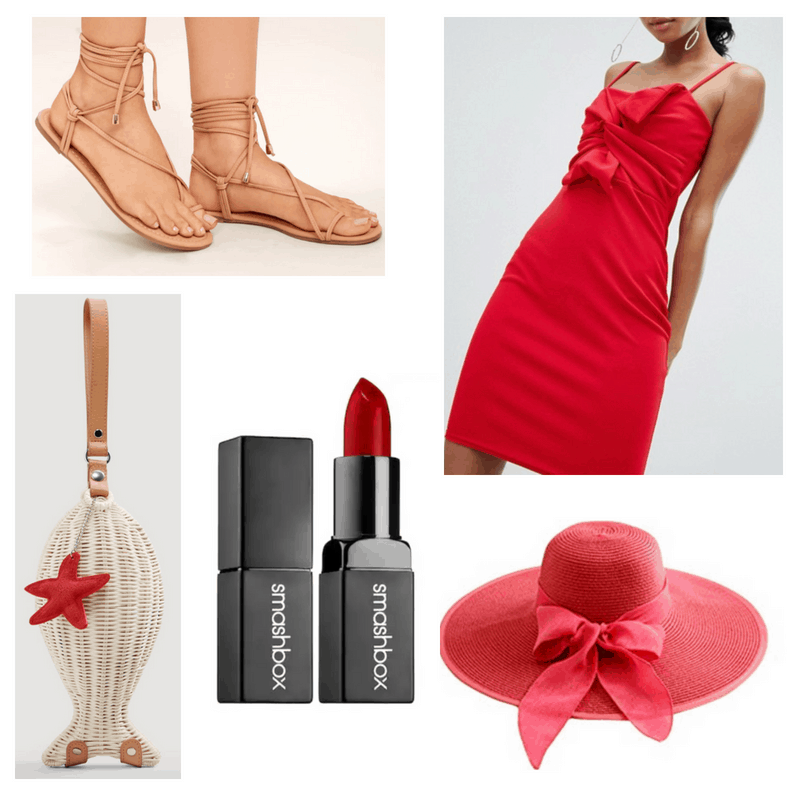 Red dress, hat, lipstick, nude bag and sandals.