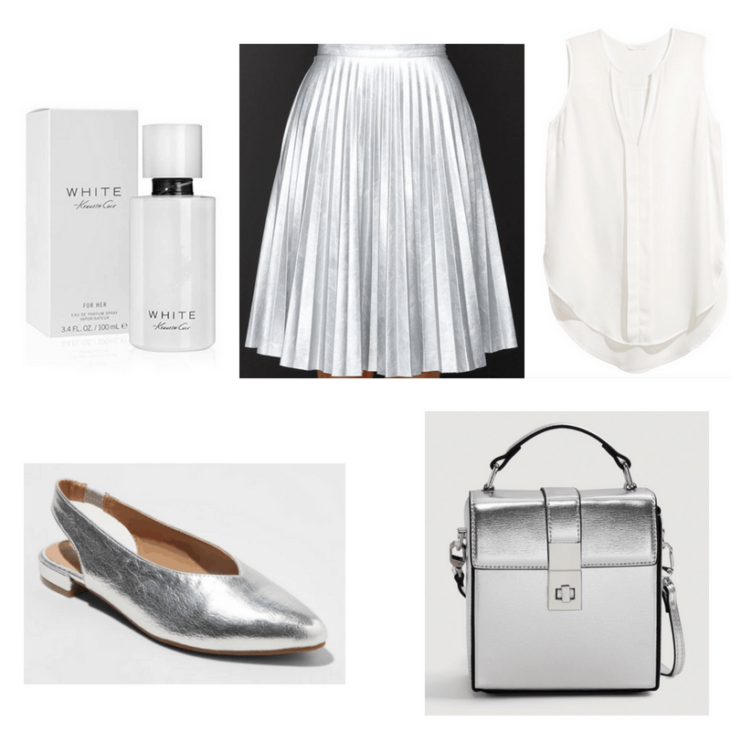 White top and perfume, silver bag, shoes and skirt.