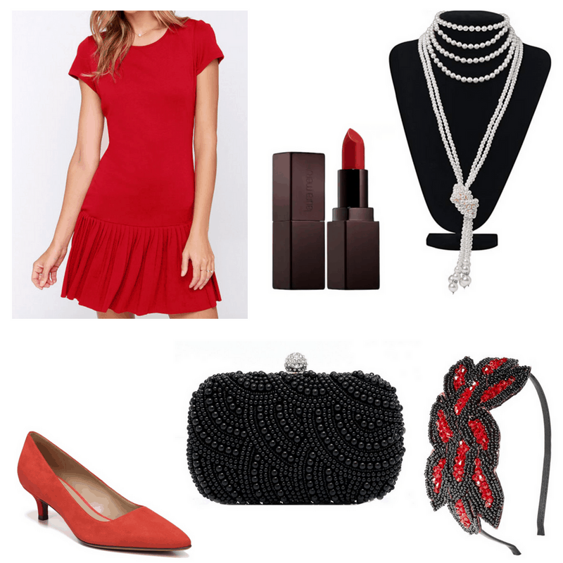 Red dress, heels, lipstick and headband, black clutch and pearls.