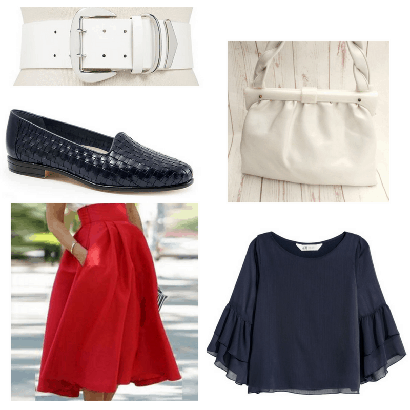 Red skirt, navy blouse and shoes, white belt and handbag.