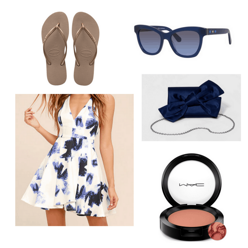 Blue and white dress, blue clutch, rose gold flip flops, sunglasses and blush.