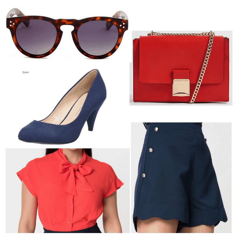 Sunglasses, red bag and blouse, navy shorts and heels.