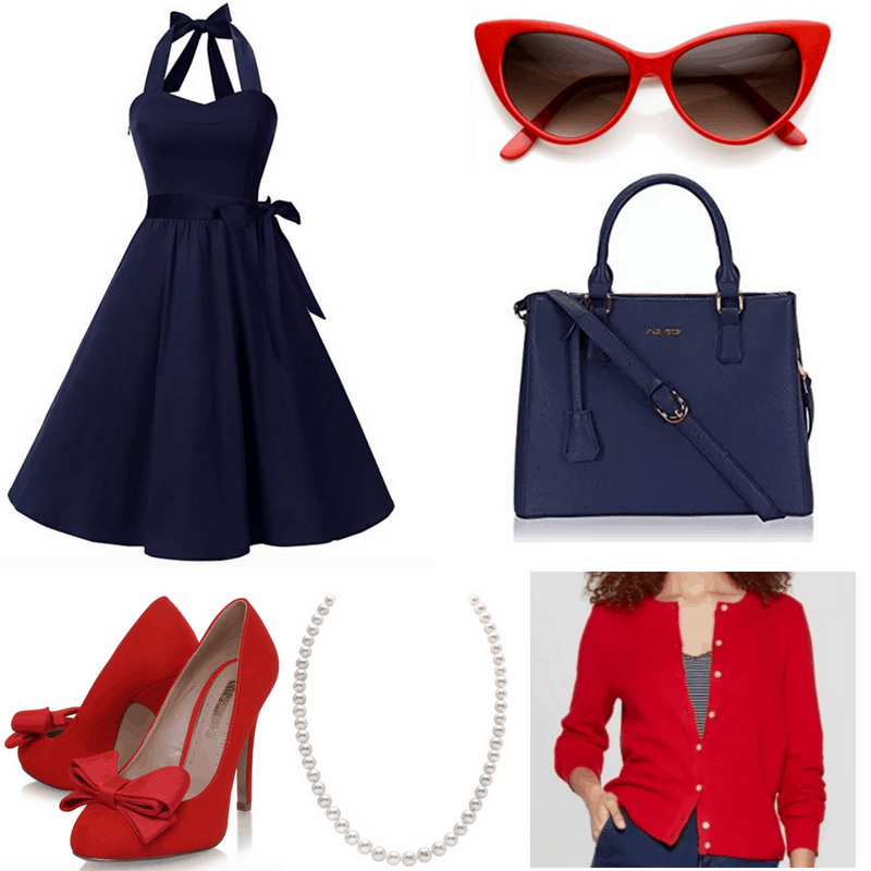 Navy dress and bag, red sunglasses, cardigan and shoes and pearls.