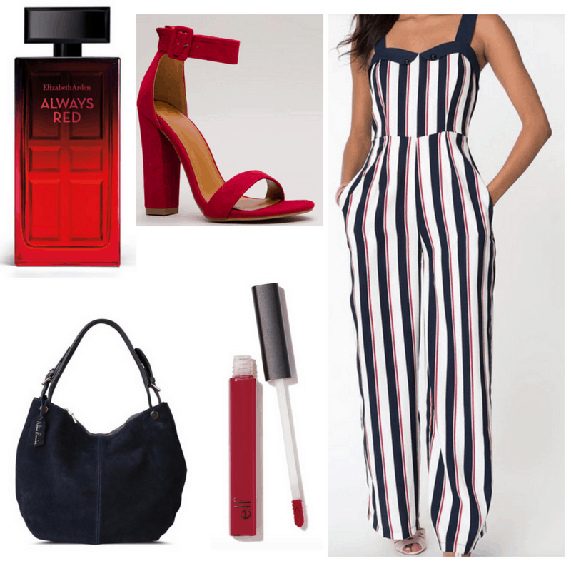 Romper, heels, perfume, lipstick and hobo bag.