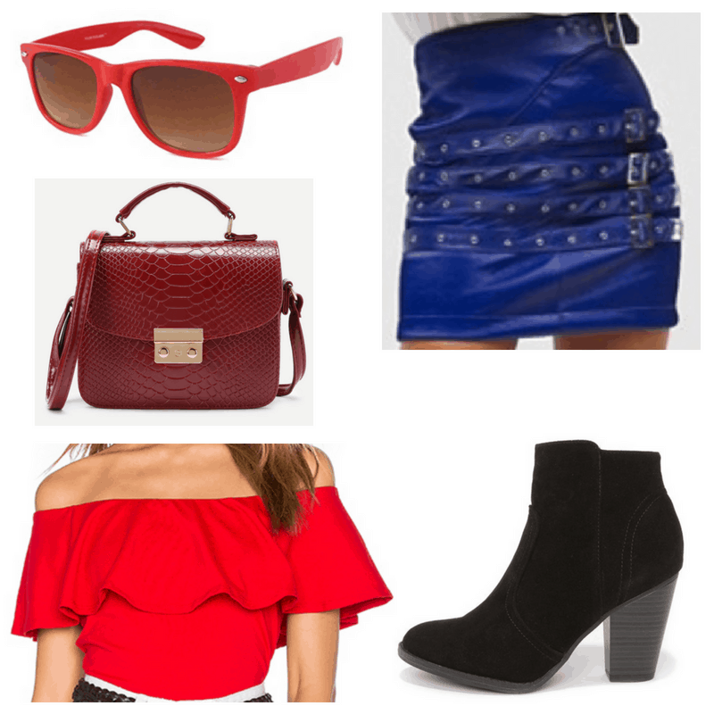 Red top, sunglasses and handbag, blue skirt and black boots.