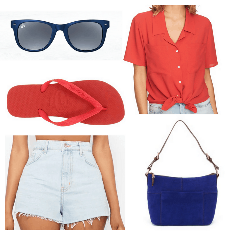 Red top and flip flops, blue bag, shorts and sunglasses.