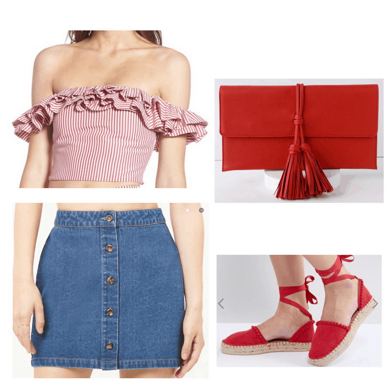 Jean shorts, red top, espadrilles and clutch.