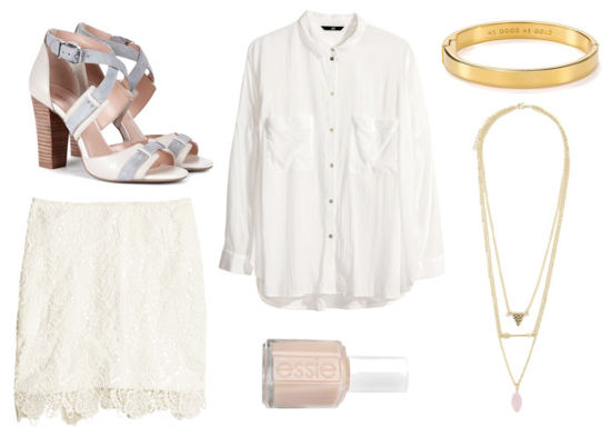UO lookbook white blouse white lace skirt