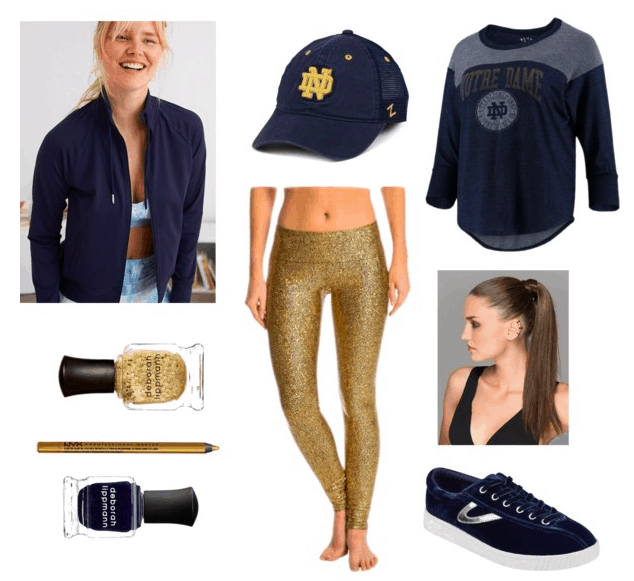 blue bomber, cap, and shirt, gold leggings, gold and blue nail polishes, blue sneakers and ponytail