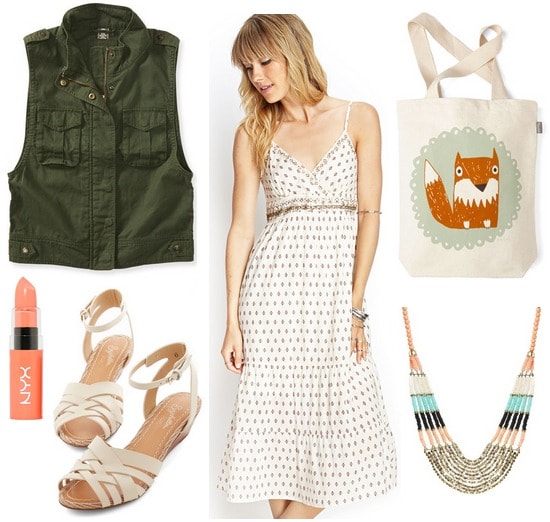 Utility vest, midi dress, strappy sandals