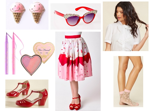 Vintagey outfit idea inspired by Valentine's Day - red and pink midi skirt, vintage blouse, t-strap red shoes, red sunglasses, ice cream earrings