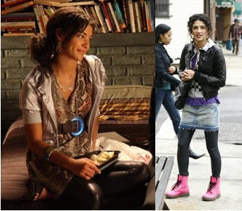 Gossip Girl's Vanessa in black lame leggings