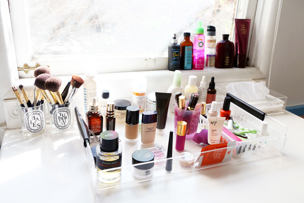 counter filled with beauty products