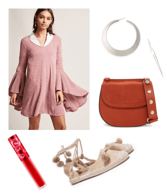 Outfit inspired by Vella from Broken Age: pink, bell-sleeved dress, silver hoops, red crossbody, beige pom pom sandals, red lip from Limecrime